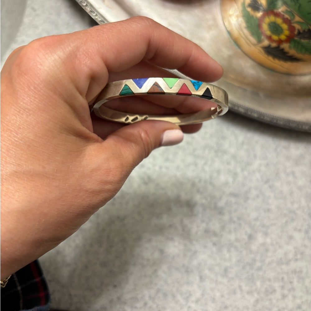 Vintage Taxco Mexico Sterling Multi Stone Inlay Hinged Bangle Bracelet 925 - Picture 5 of 8